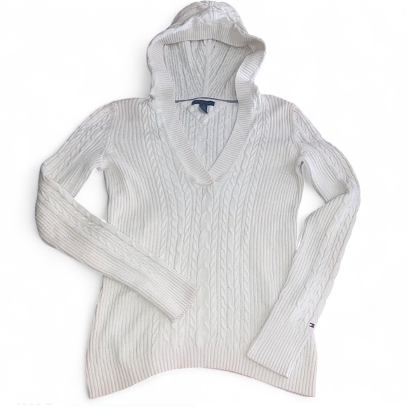 Tommy Hilfiger Women's Cream White V-Neck Hooded Long Sleeve Sweater - Picture 1 of 6